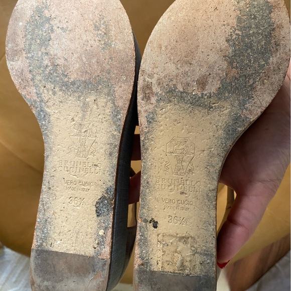 Brunello Cucinelli Platform T-Strap Sandals Gray Brown Size 36.5 Italian Wedge - Picture 10 of 13